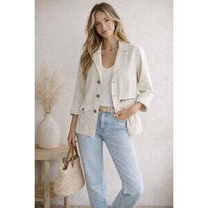 Oleg Cassini Weekend Ivory Utility Blazer 100% Cotton Jacket Size S 20” P2P